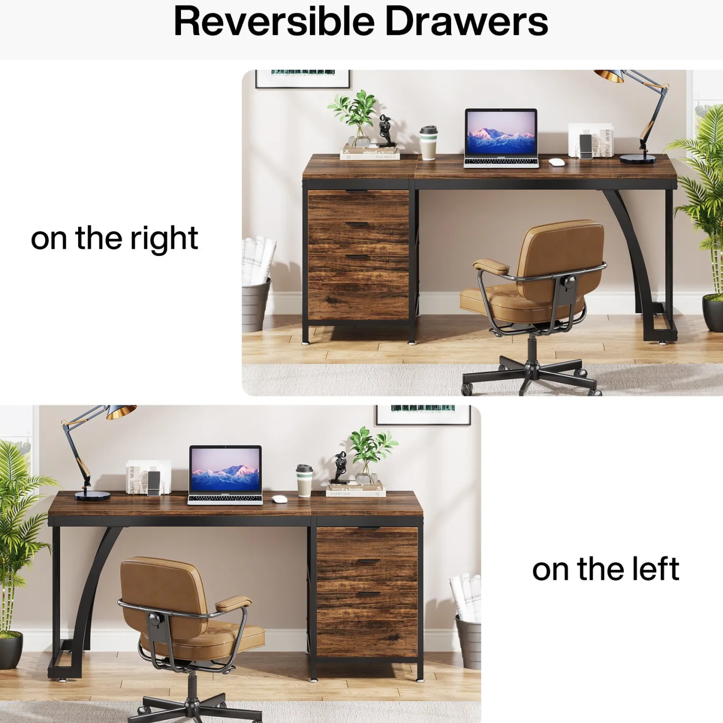 Industrial Computer Desk, 59" Study Desk with Reversible Drawer Cabinet