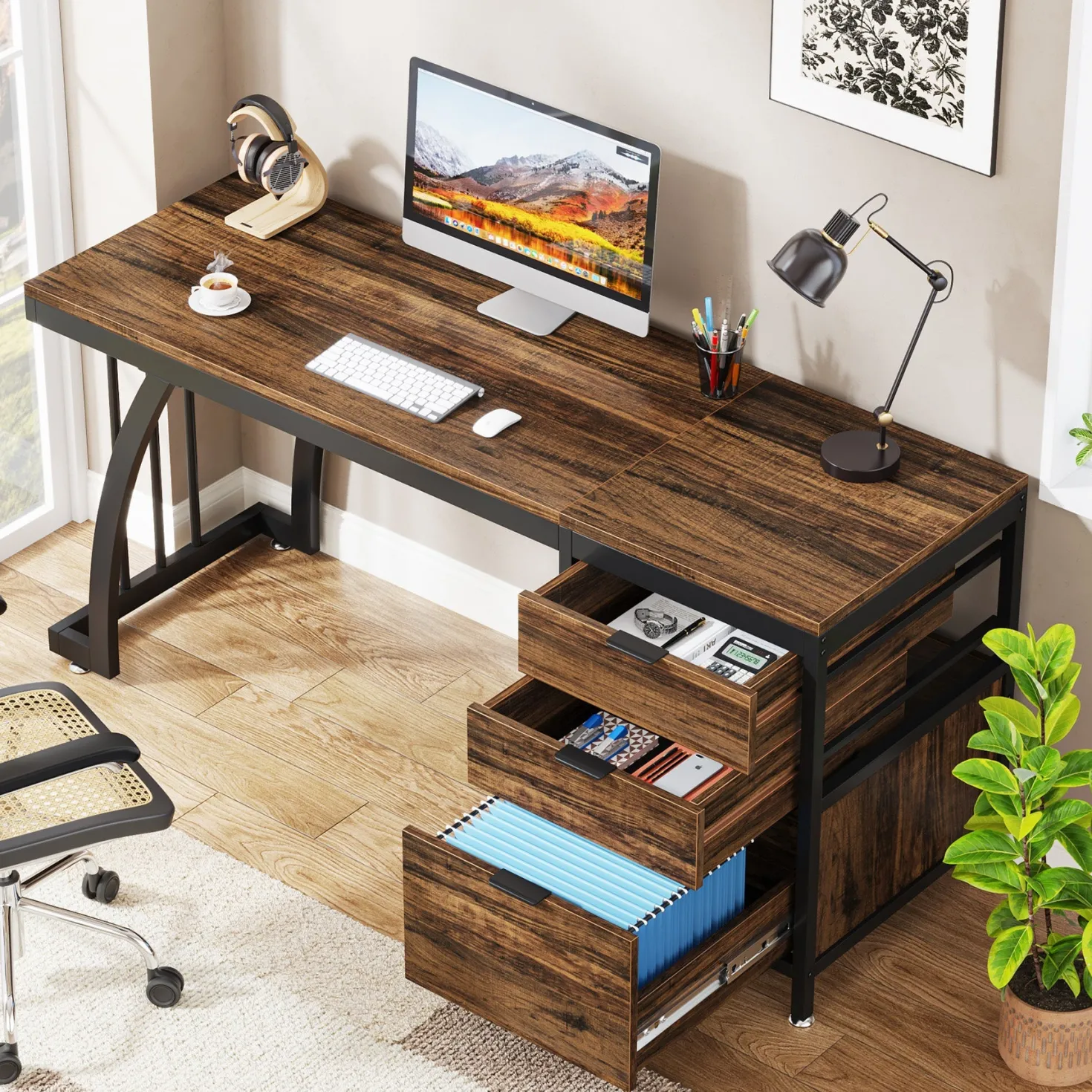 Industrial Computer Desk, 59" Study Desk with Reversible Drawer Cabinet