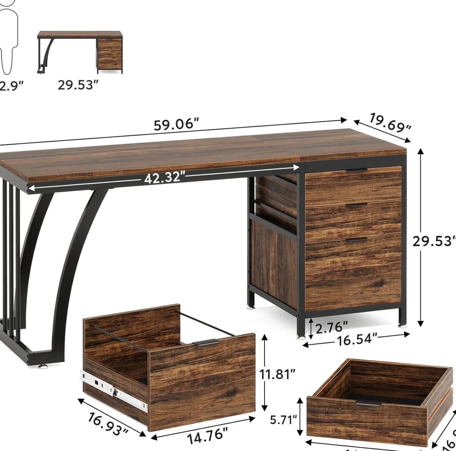 Industrial Computer Desk, 59" Study Desk with Reversible Drawer Cabinet