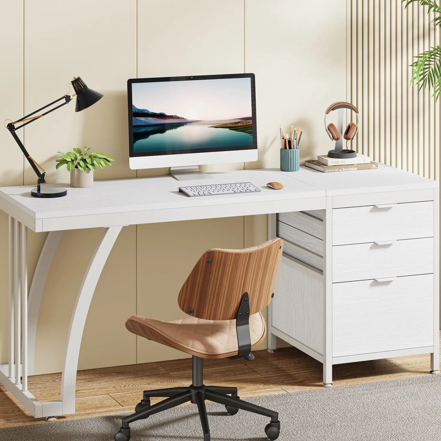 Industrial Computer Desk, 59" Study Desk with Reversible Drawer Cabinet
