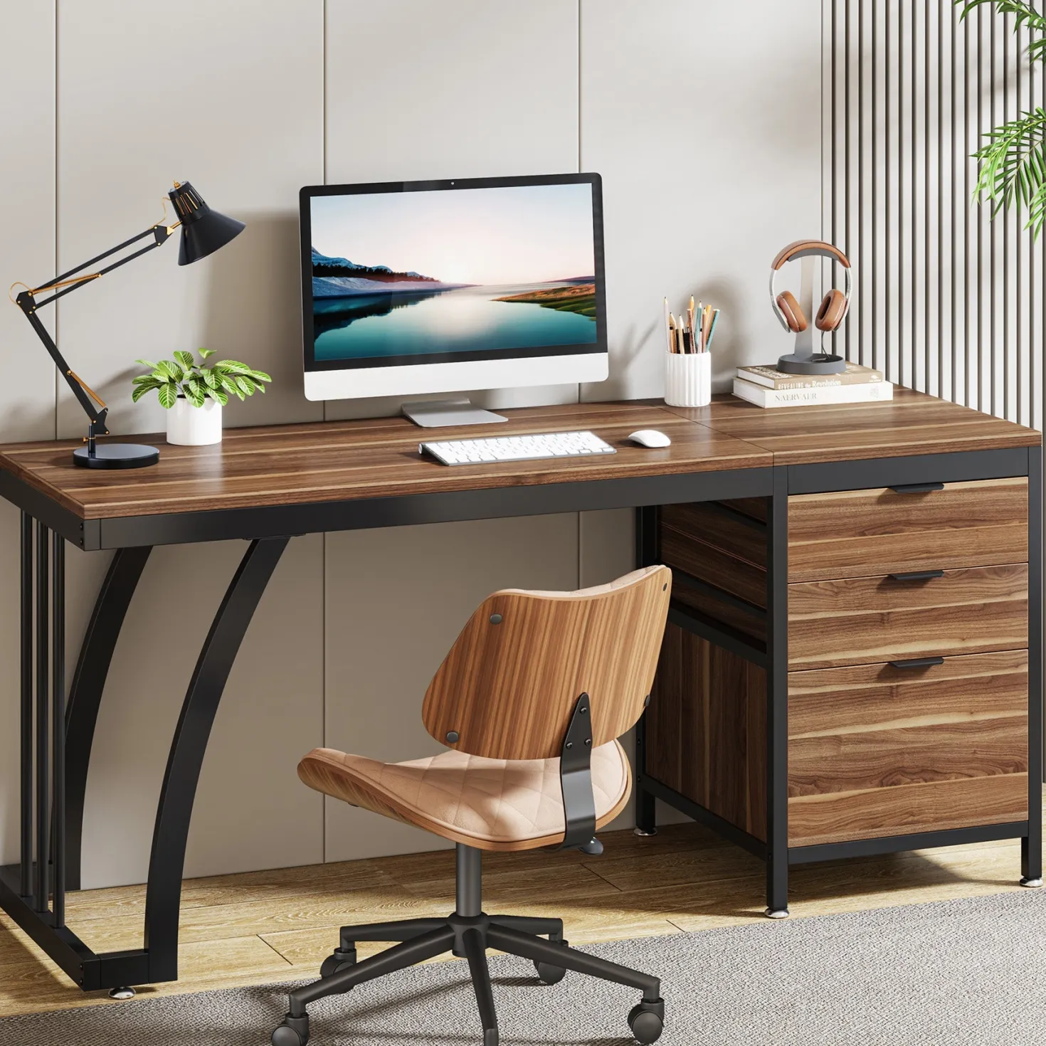 Industrial Computer Desk, 59" Study Desk with Reversible Drawer Cabinet
