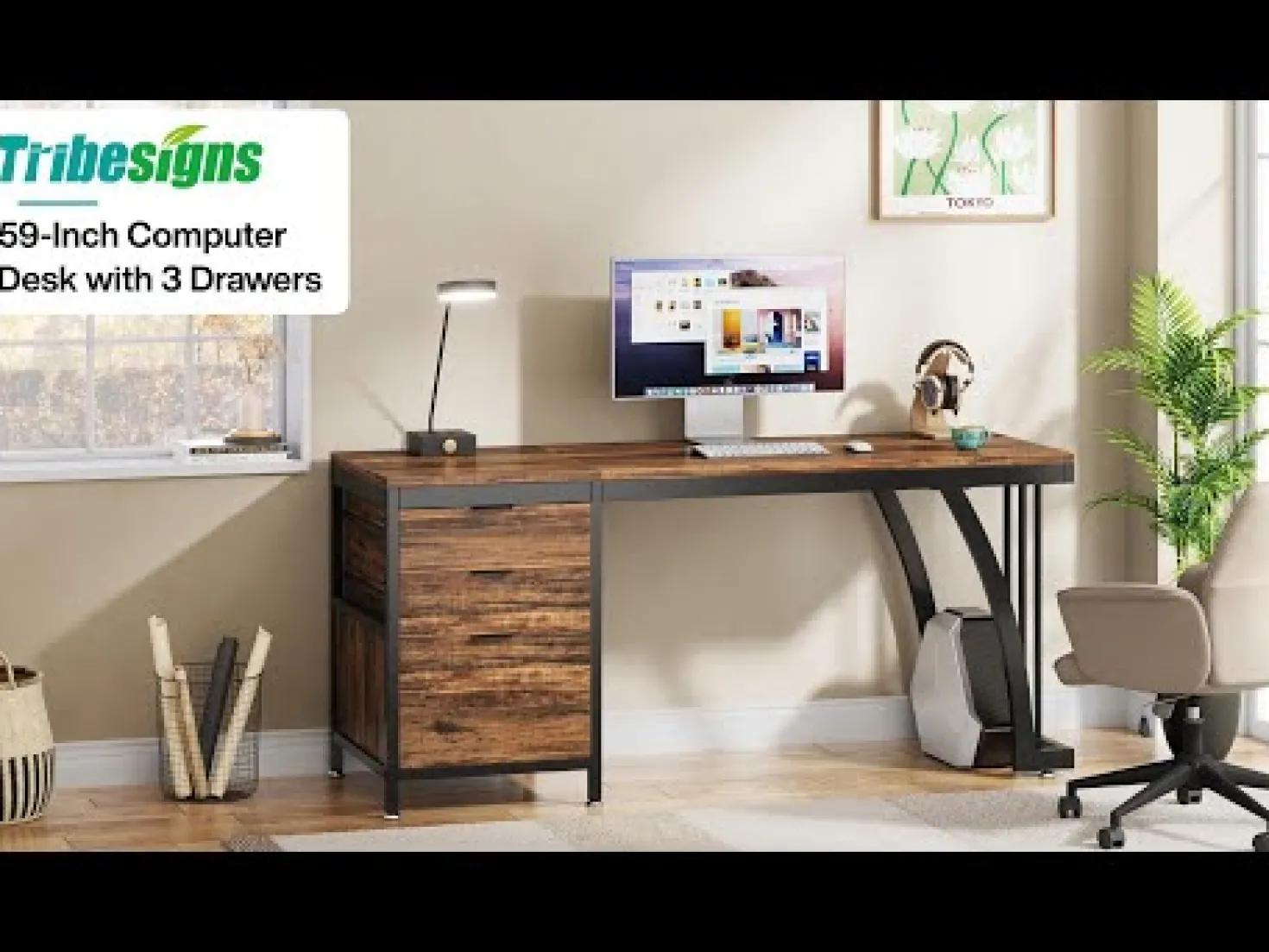 Industrial Computer Desk, 59" Study Desk with Reversible Drawer Cabinet