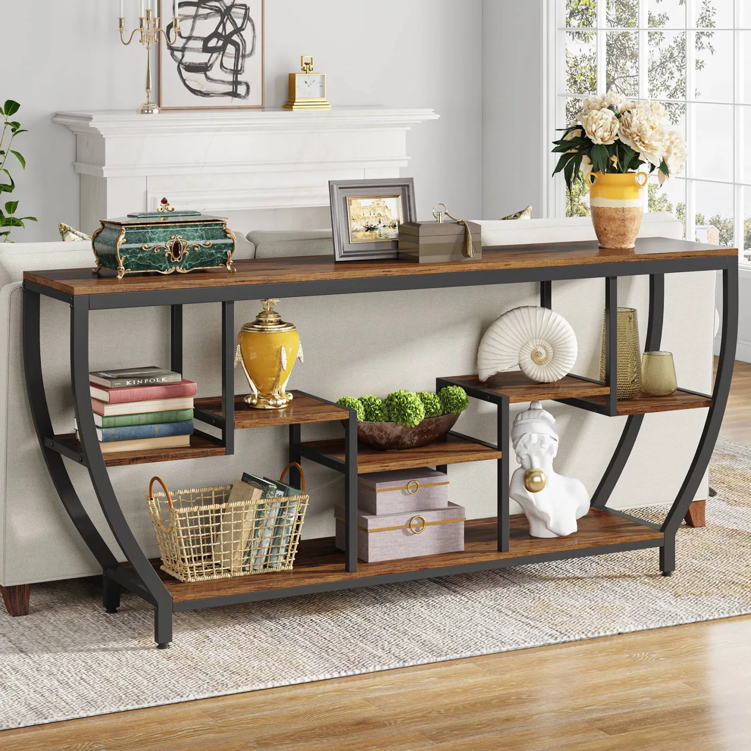 Industrial Console Table, 70.9" Entryway Sofa Table with Shelves