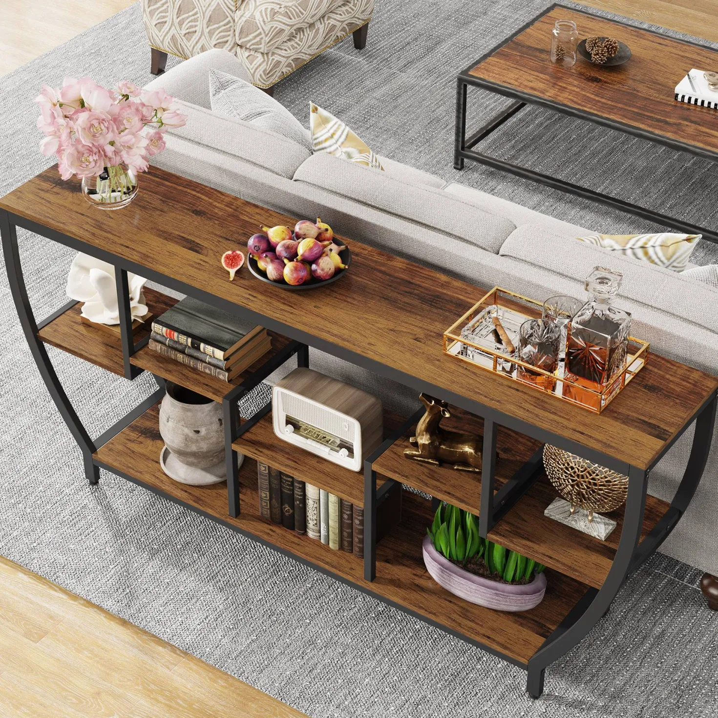 Industrial Console Table, 70.9" Entryway Sofa Table with Shelves