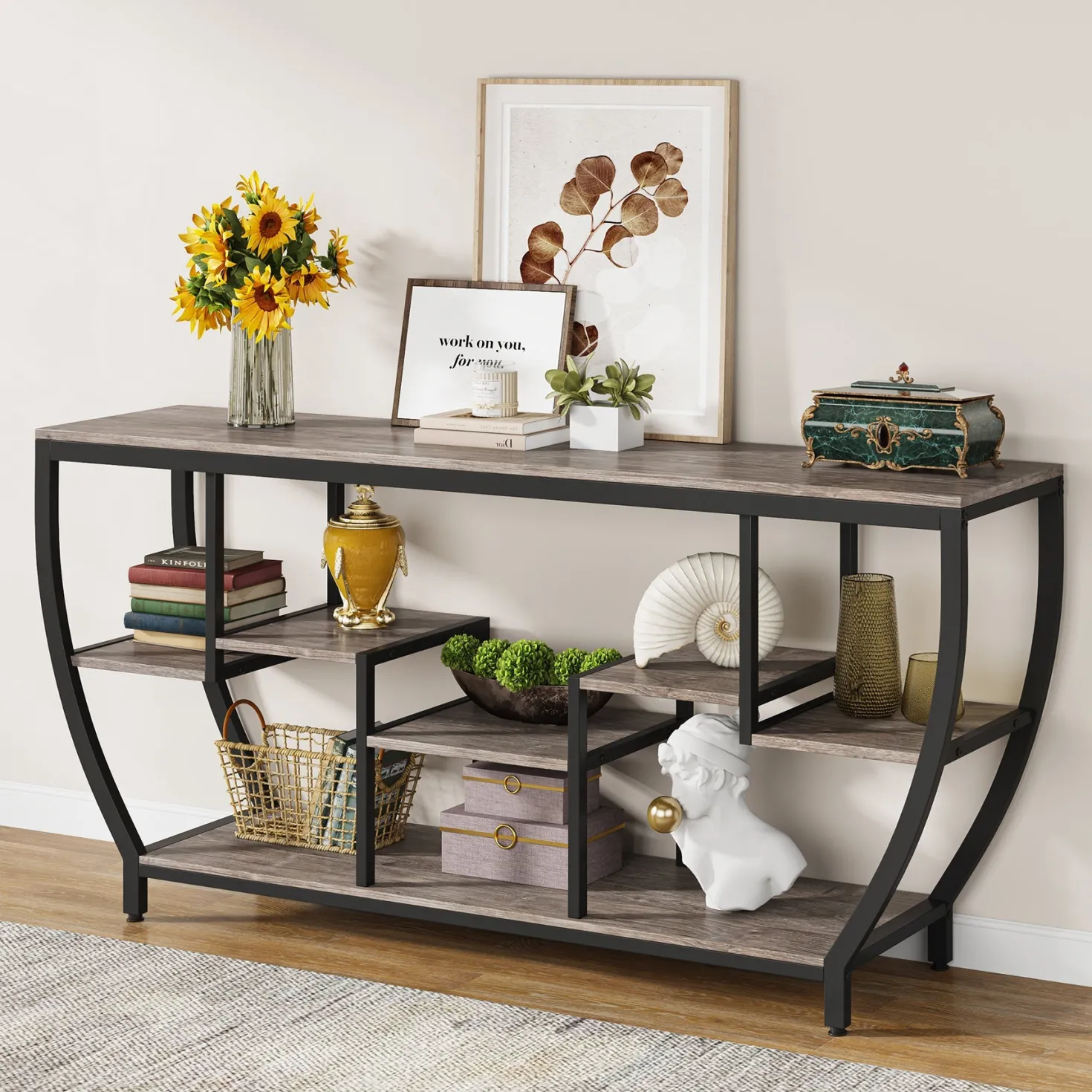 Industrial Console Table, 70.9" Entryway Sofa Table with Shelves