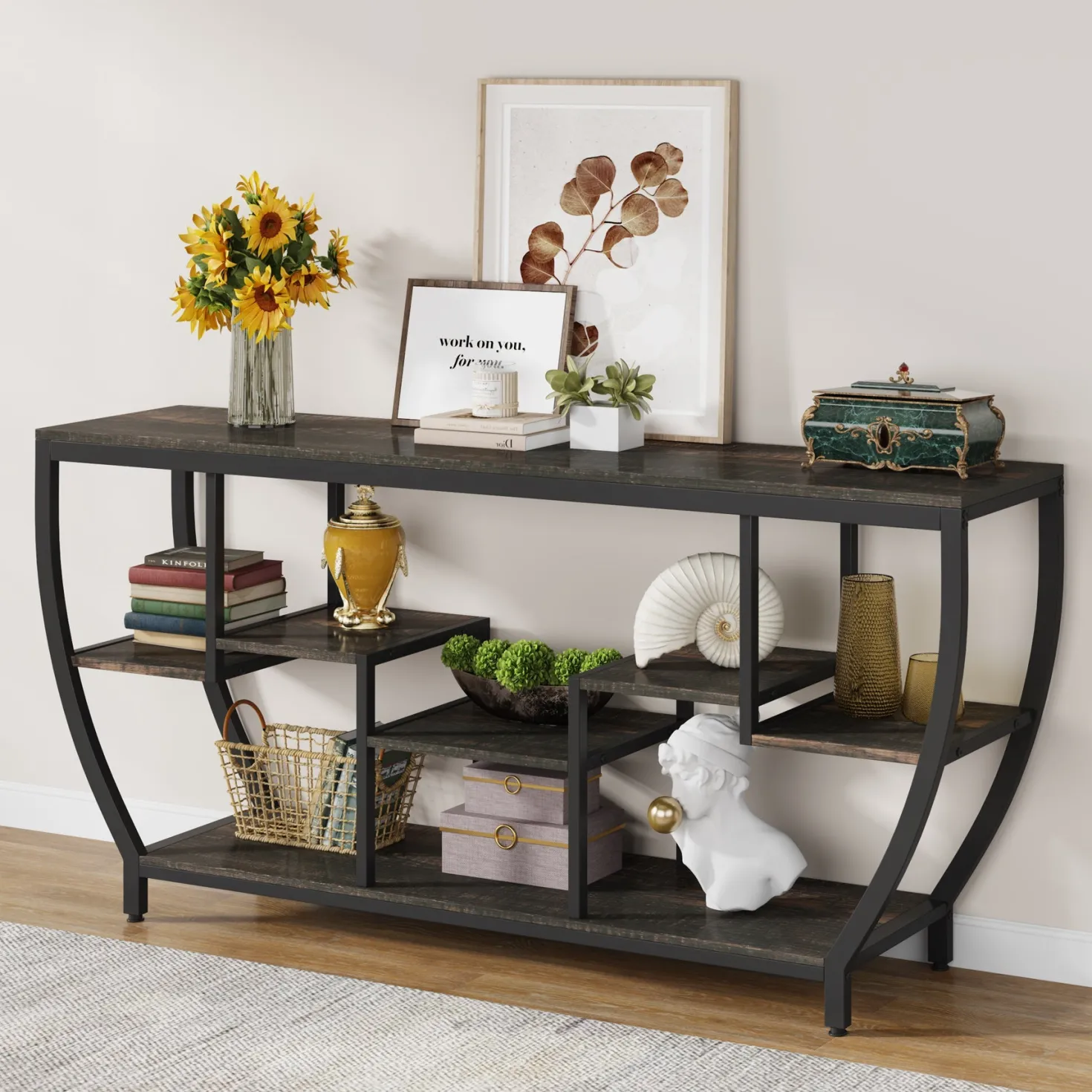Industrial Console Table, 70.9" Entryway Sofa Table with Shelves