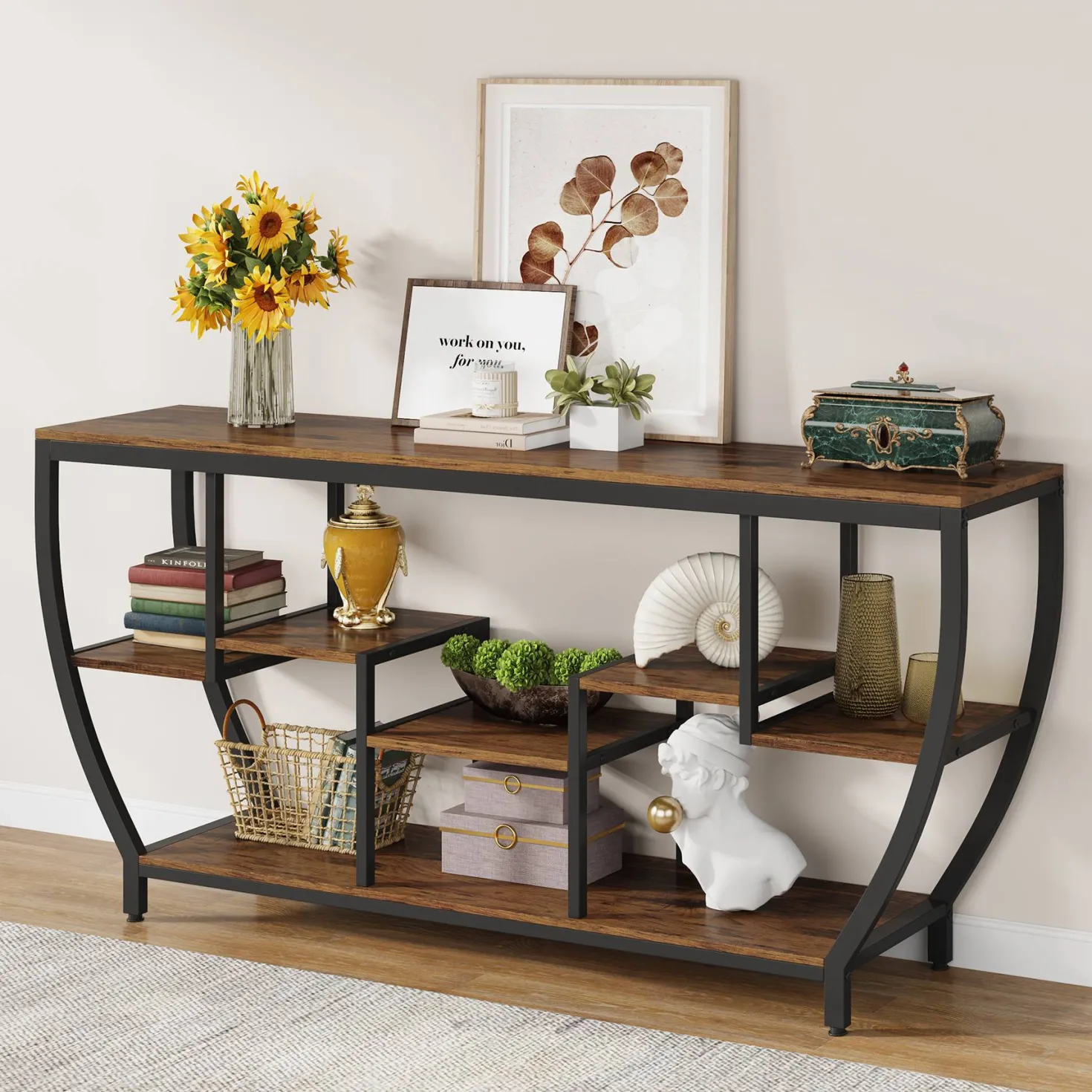 Industrial Console Table, 70.9" Entryway Sofa Table with Shelves