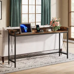 Industrial Console Table, 70.9" Sofa Table with Outlets and USB Ports