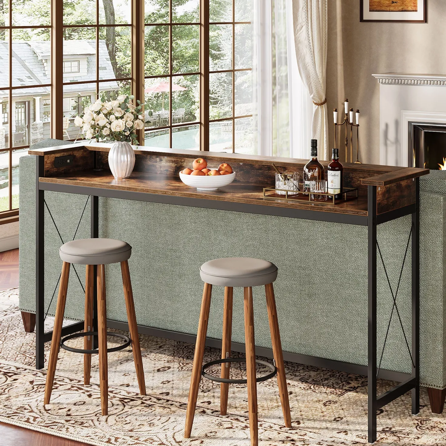 Industrial Console Table, 70.9" Sofa Table with Outlets and USB Ports