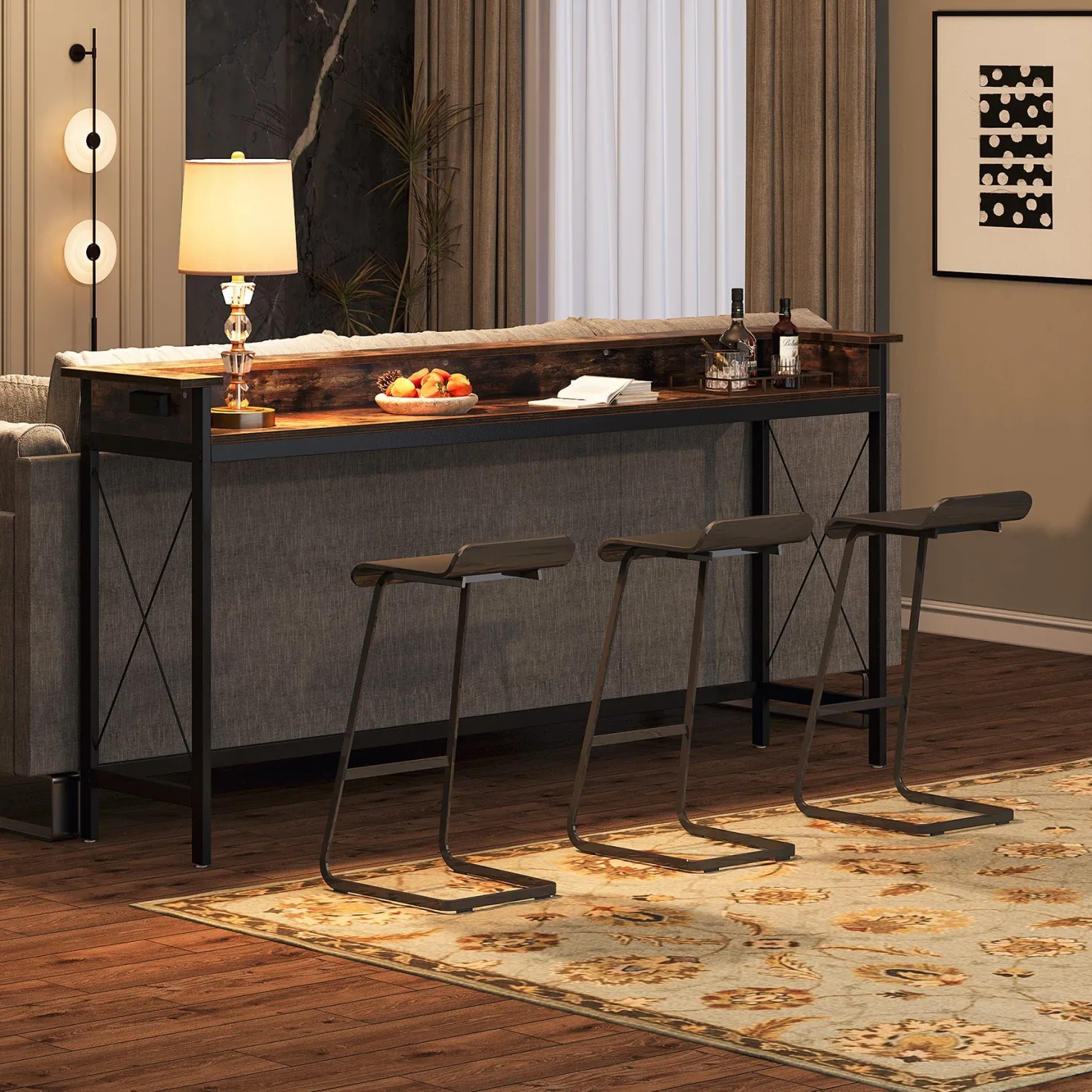 Industrial Console Table, 70.9" Sofa Table with Outlets and USB Ports