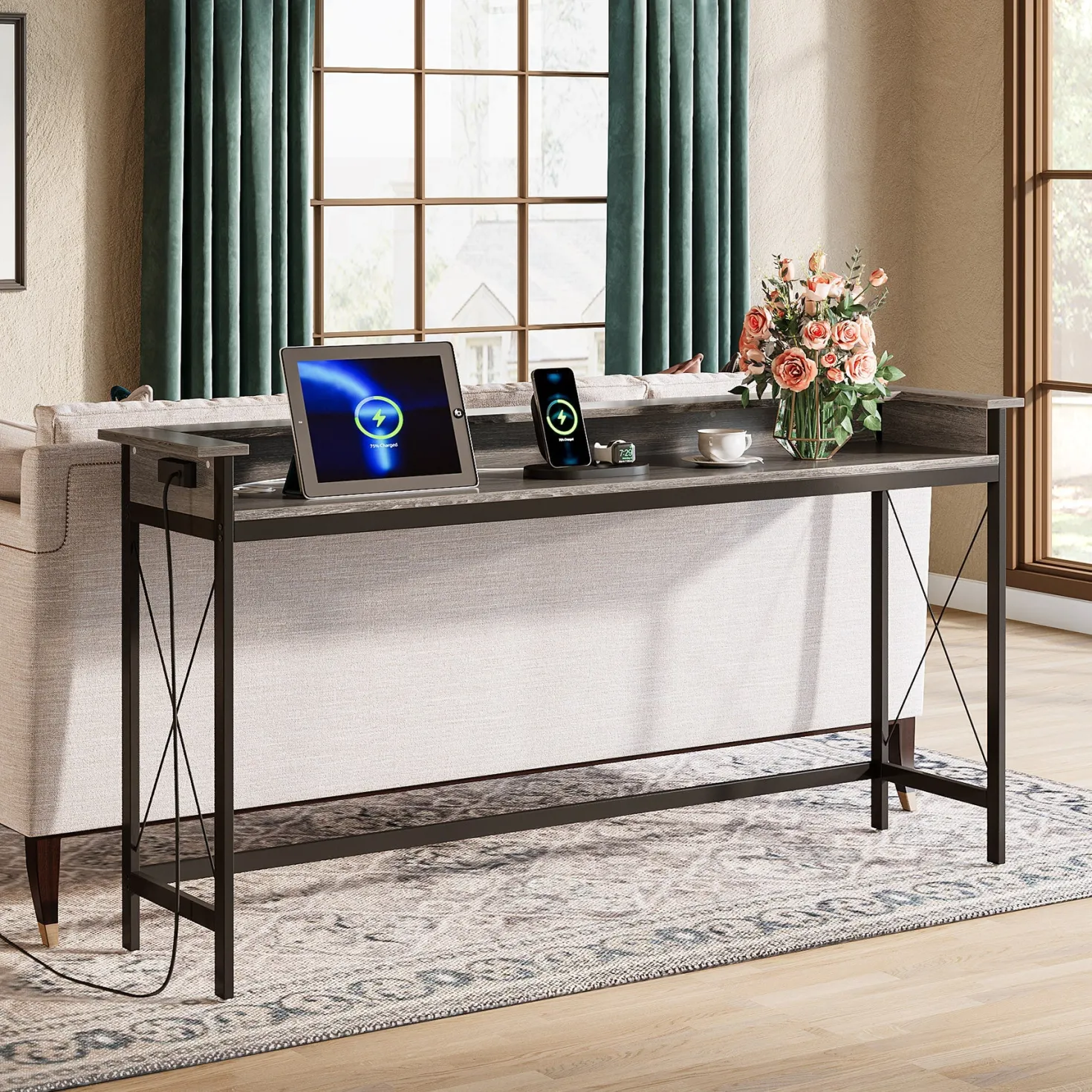 Industrial Console Table, 70.9" Sofa Table with Outlets and USB Ports