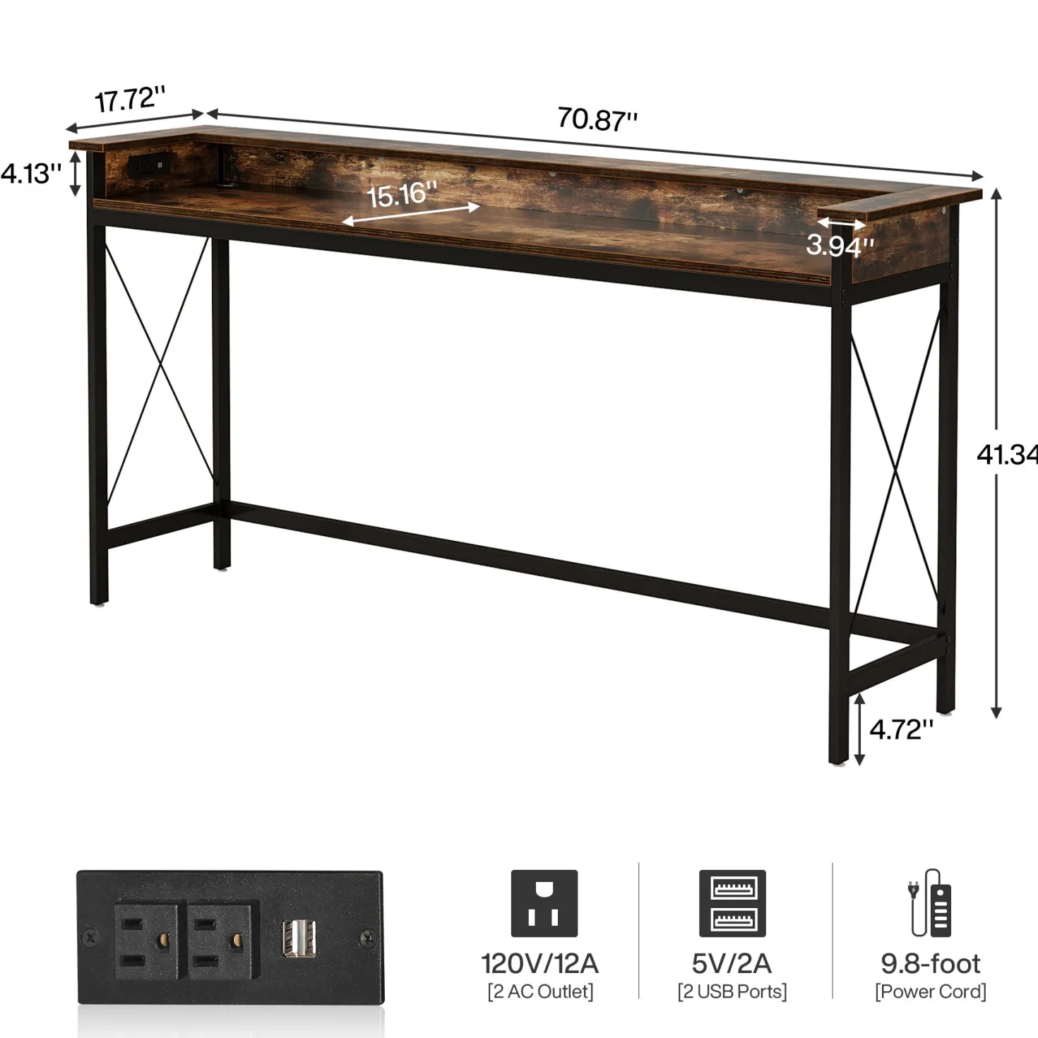 Industrial Console Table, 70.9" Sofa Table with Outlets and USB Ports