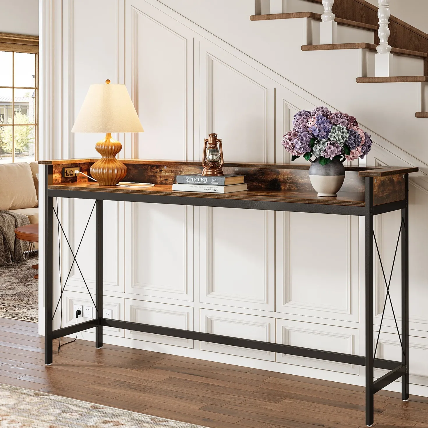 Industrial Console Table, 70.9" Sofa Table with Outlets and USB Ports
