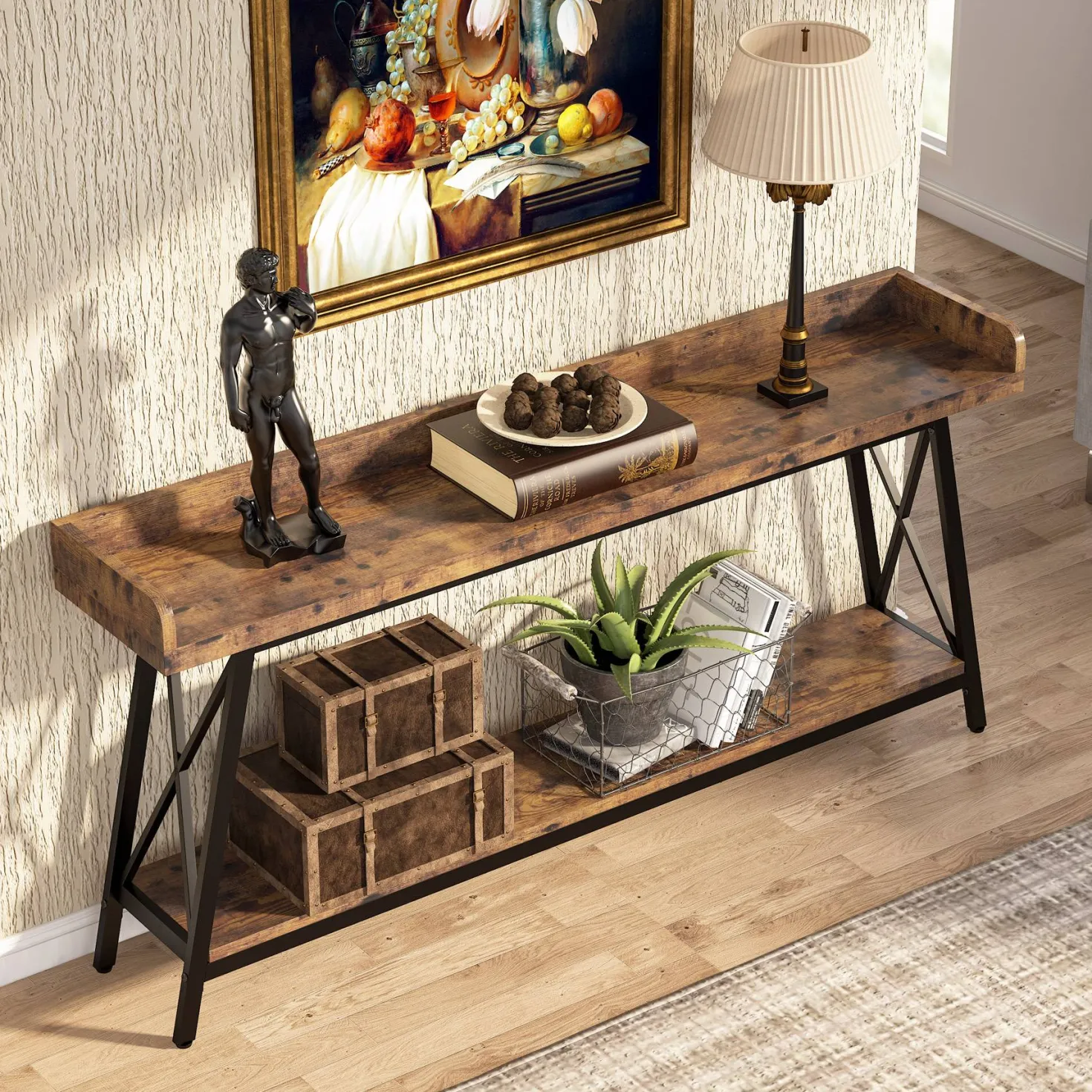 Industrial Console Table, 2-Tier Narrow Sofa Table Behind Couch