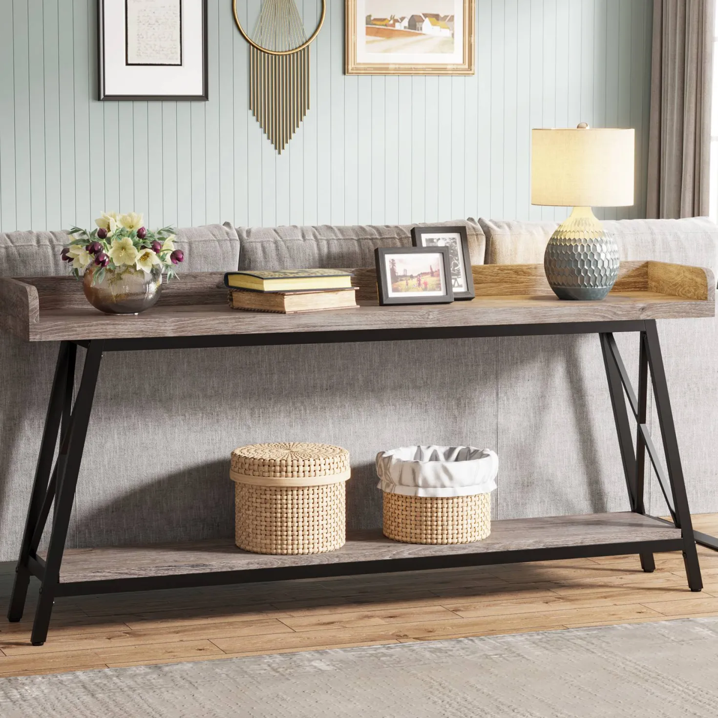 Industrial Console Table, 2-Tier Narrow Sofa Table Behind Couch