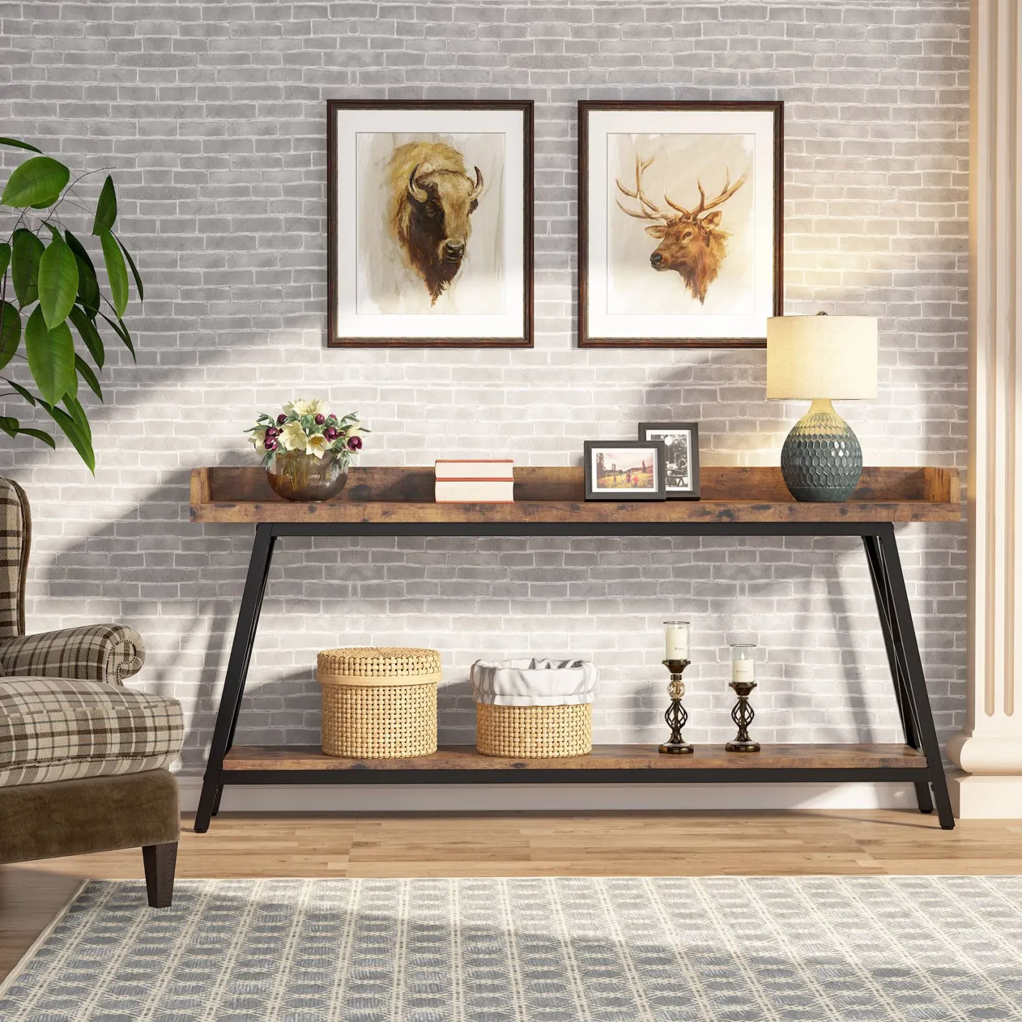 Industrial Console Table, 2-Tier Narrow Sofa Table Behind Couch