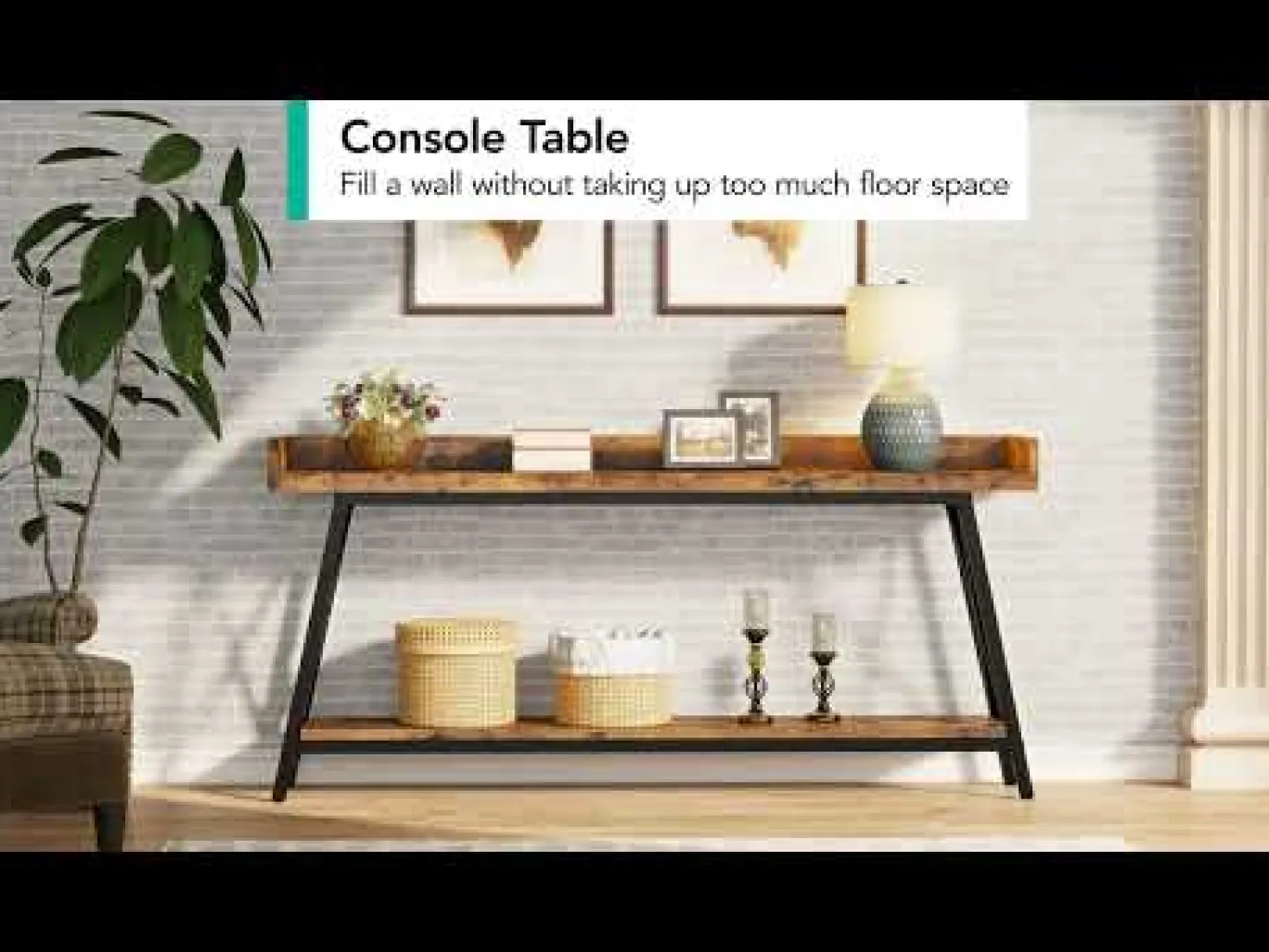 Industrial Console Table, 2-Tier Narrow Sofa Table Behind Couch