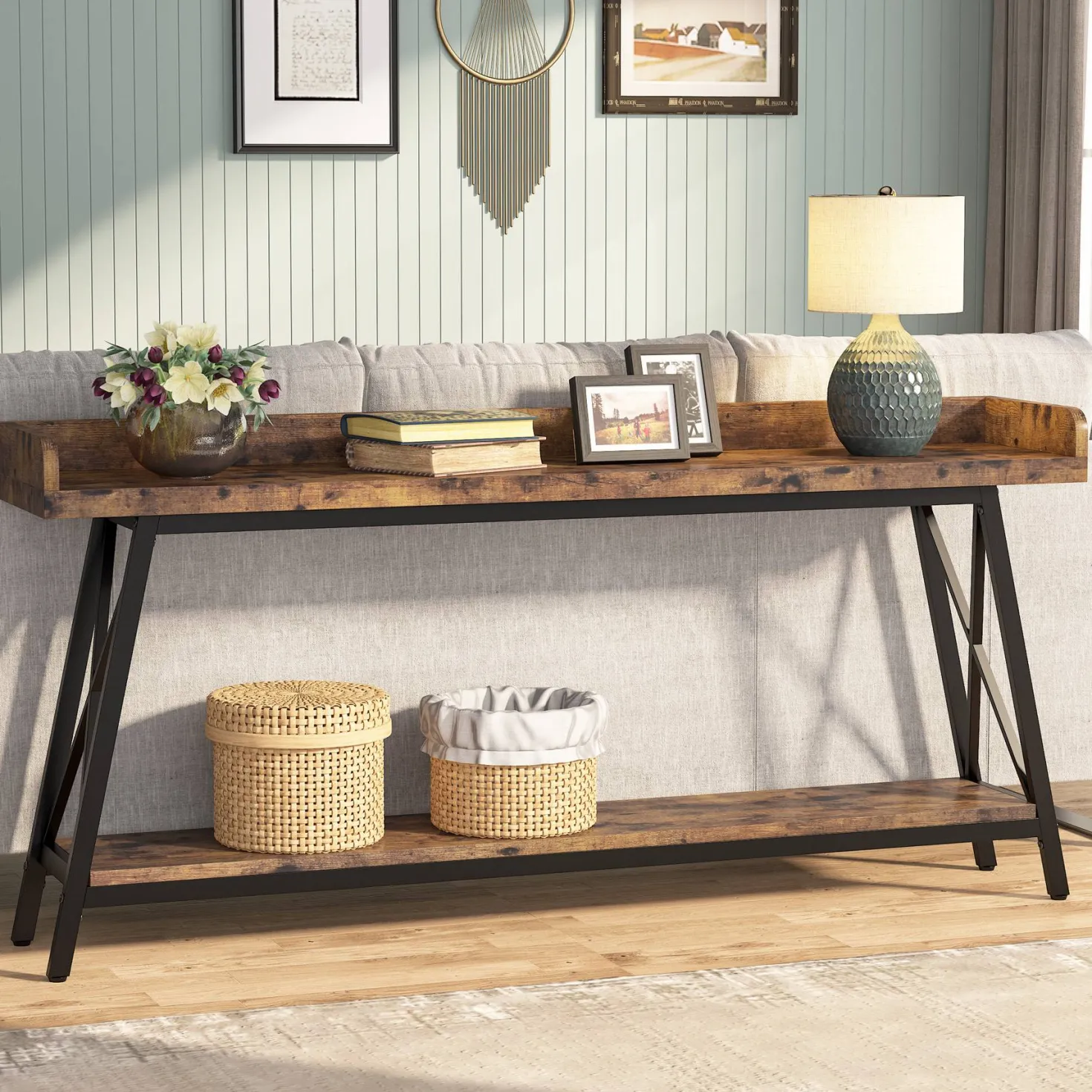 Industrial Console Table, 2-Tier Narrow Sofa Table Behind Couch