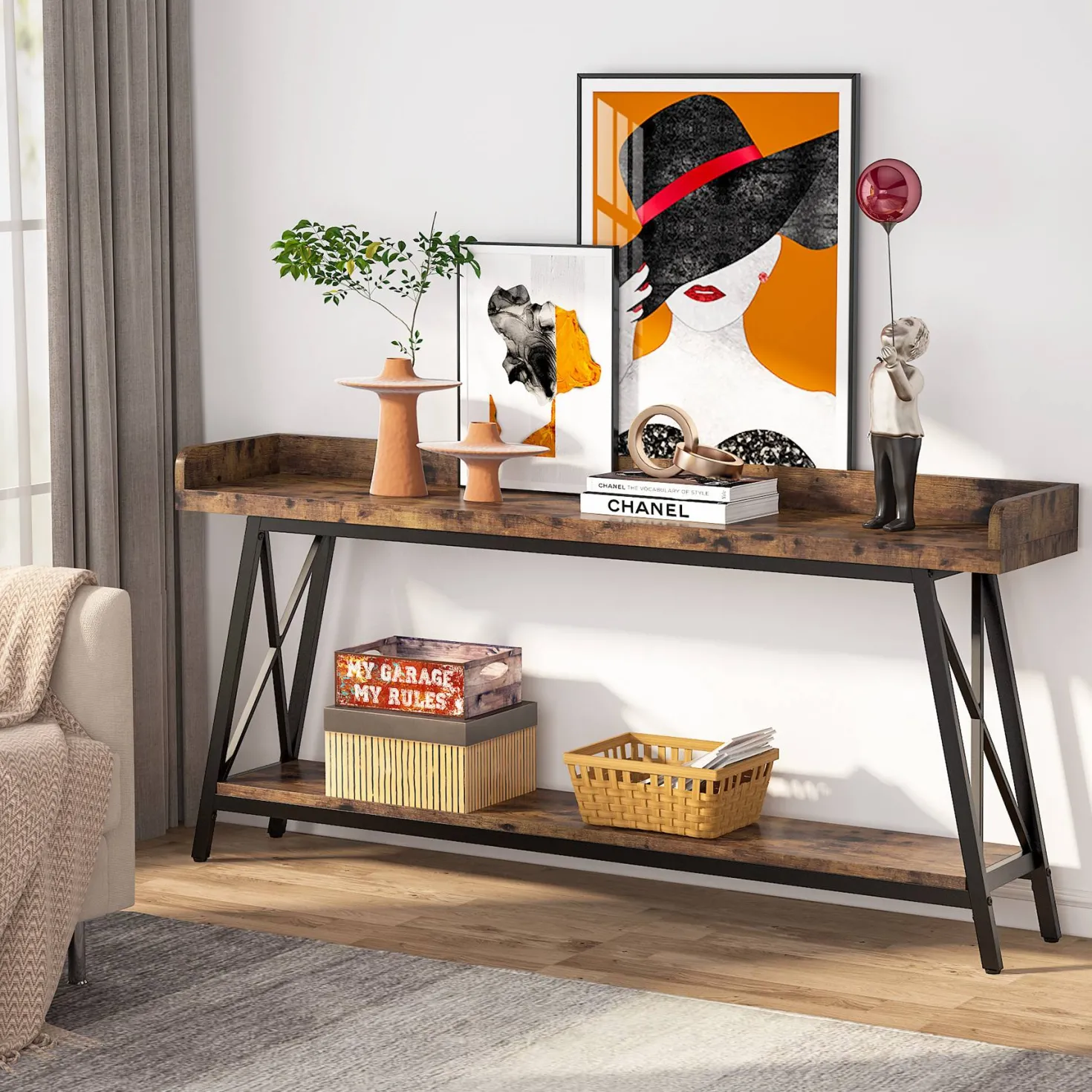 Industrial Console Table, 2-Tier Narrow Sofa Table Behind Couch