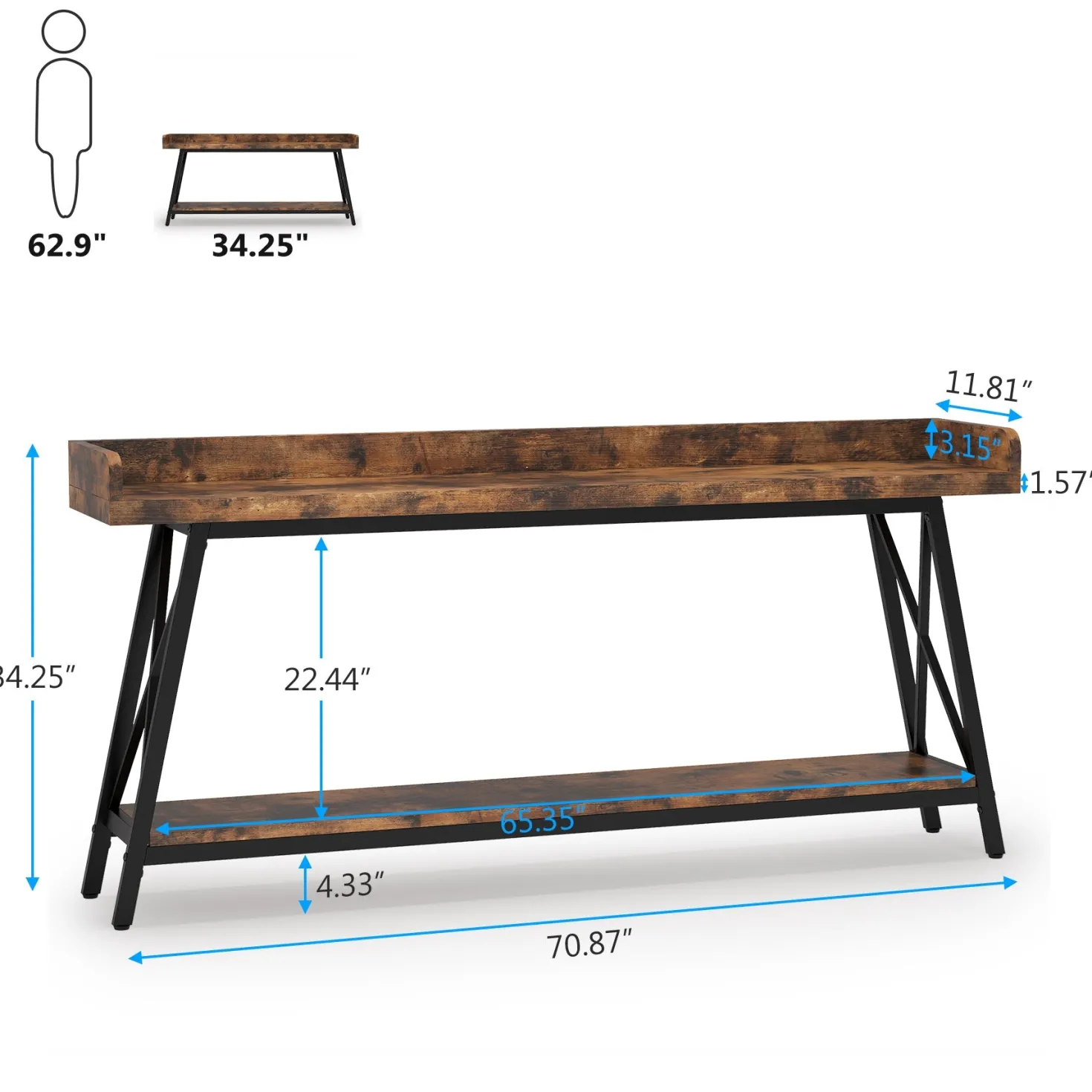 Industrial Console Table, 2-Tier Narrow Sofa Table Behind Couch