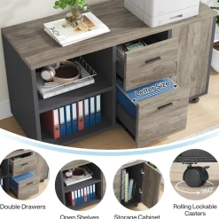 Industrial L-Shaped Desk, 71" Executive Desk with 47" Mobile File Cabinet