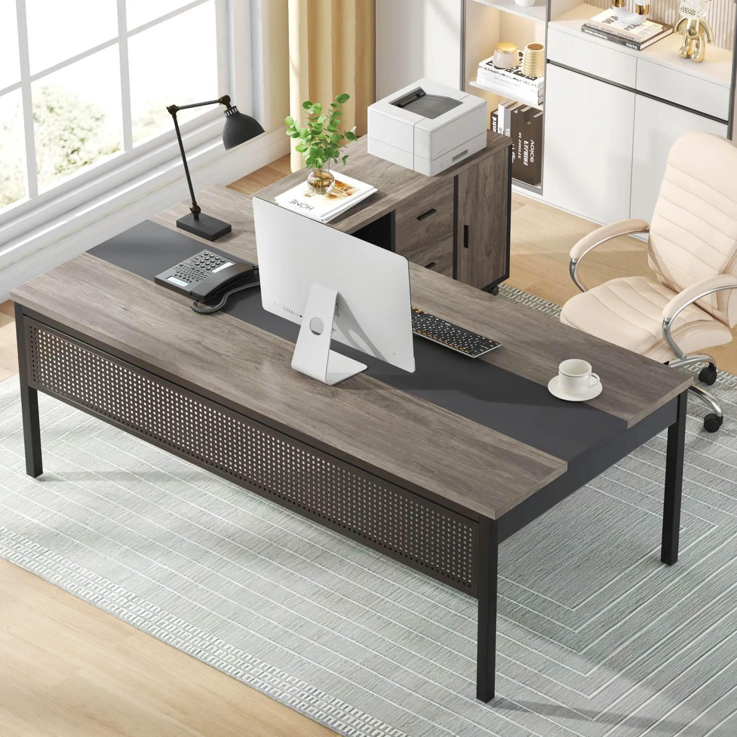 Industrial L-Shaped Desk, 71" Executive Desk with 47" Mobile File Cabinet