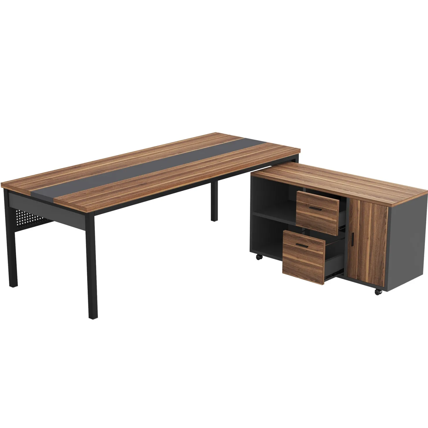 Industrial L-Shaped Desk, 71" Executive Desk with 47" Mobile File Cabinet