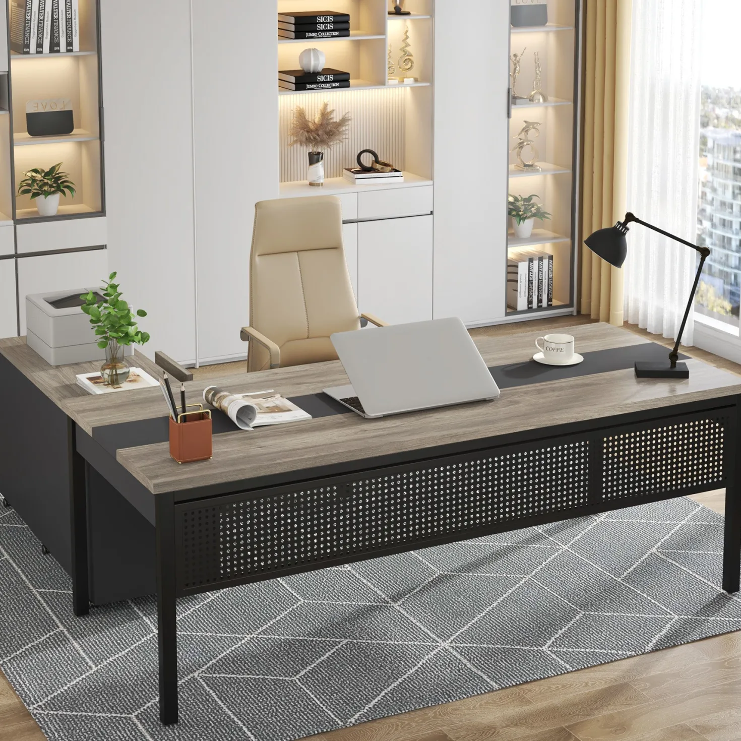 Industrial L-Shaped Desk, 71" Executive Desk with 47" Mobile File Cabinet