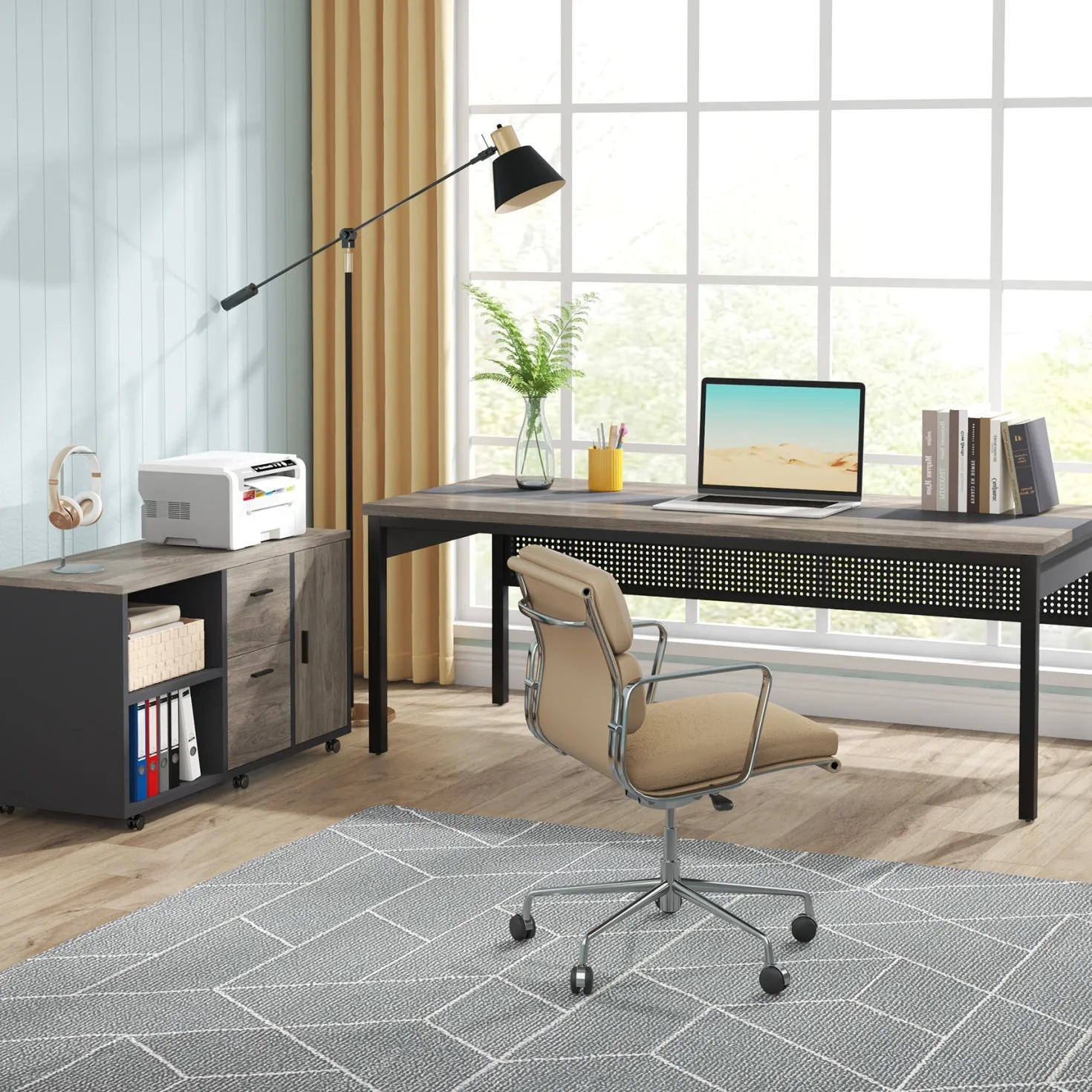 Industrial L-Shaped Desk, 71" Executive Desk with 47" Mobile File Cabinet