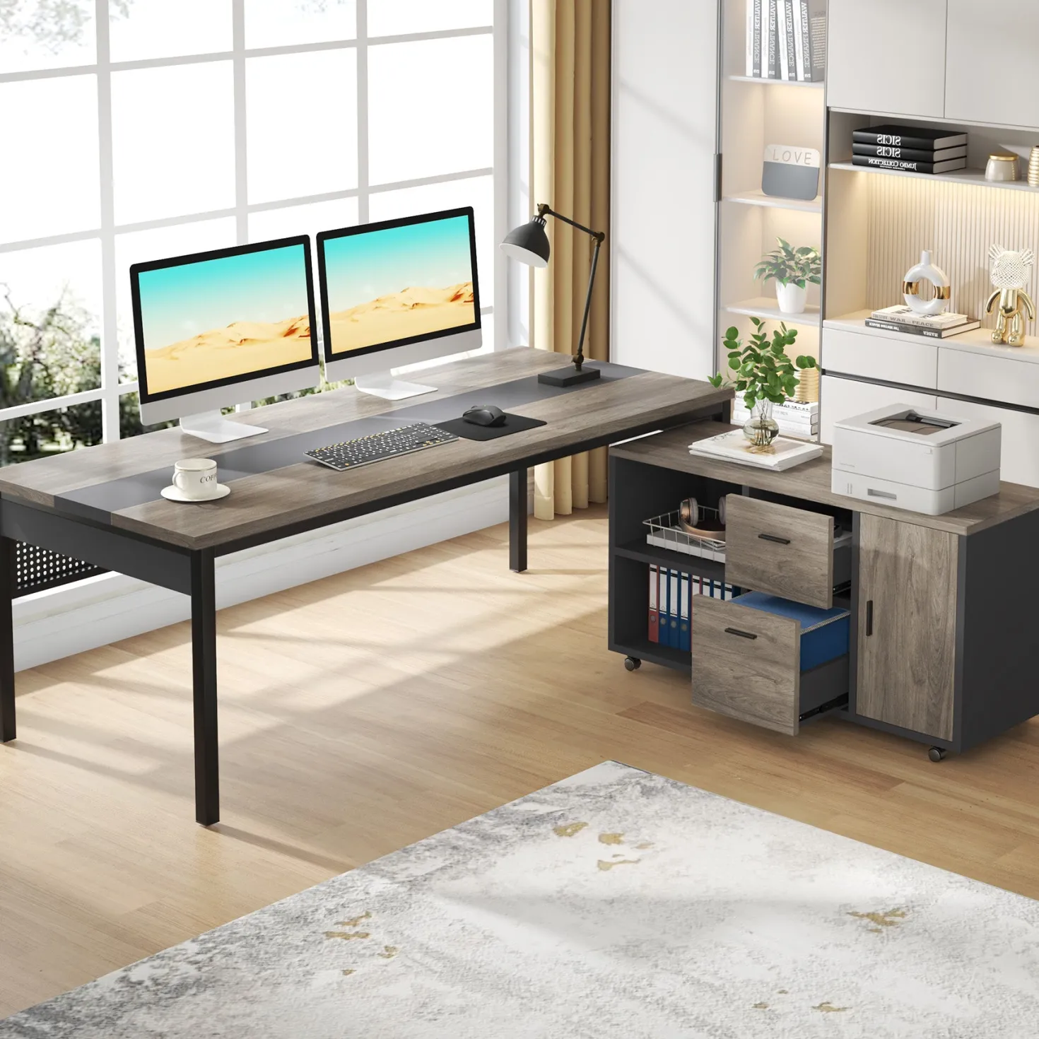 Industrial L-Shaped Desk, 71" Executive Desk with 47" Mobile File Cabinet