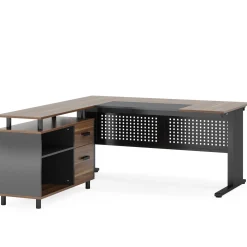 Industrial L-Shaped Desk, 63" Executive Desk with File Cabinet