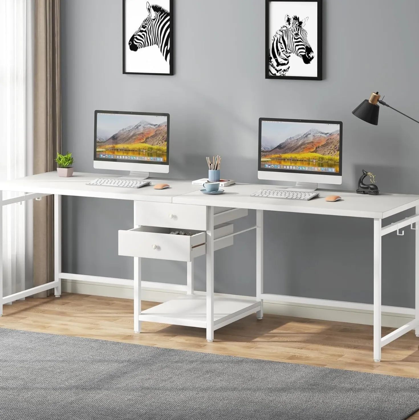 Industrial Two Person Desk, 78" Double Computer Desk with Drawers