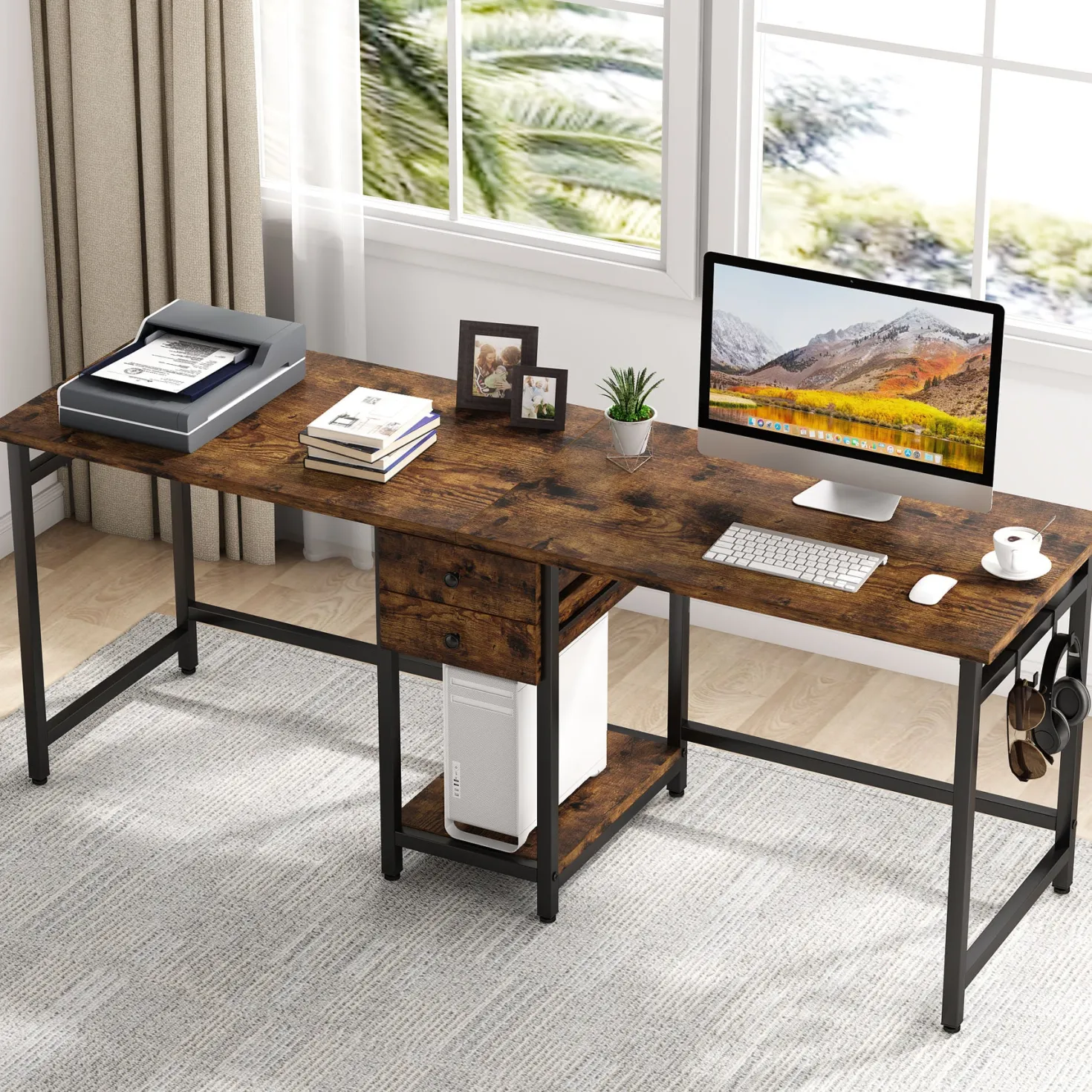 Industrial Two Person Desk, 78" Double Computer Desk with Drawers