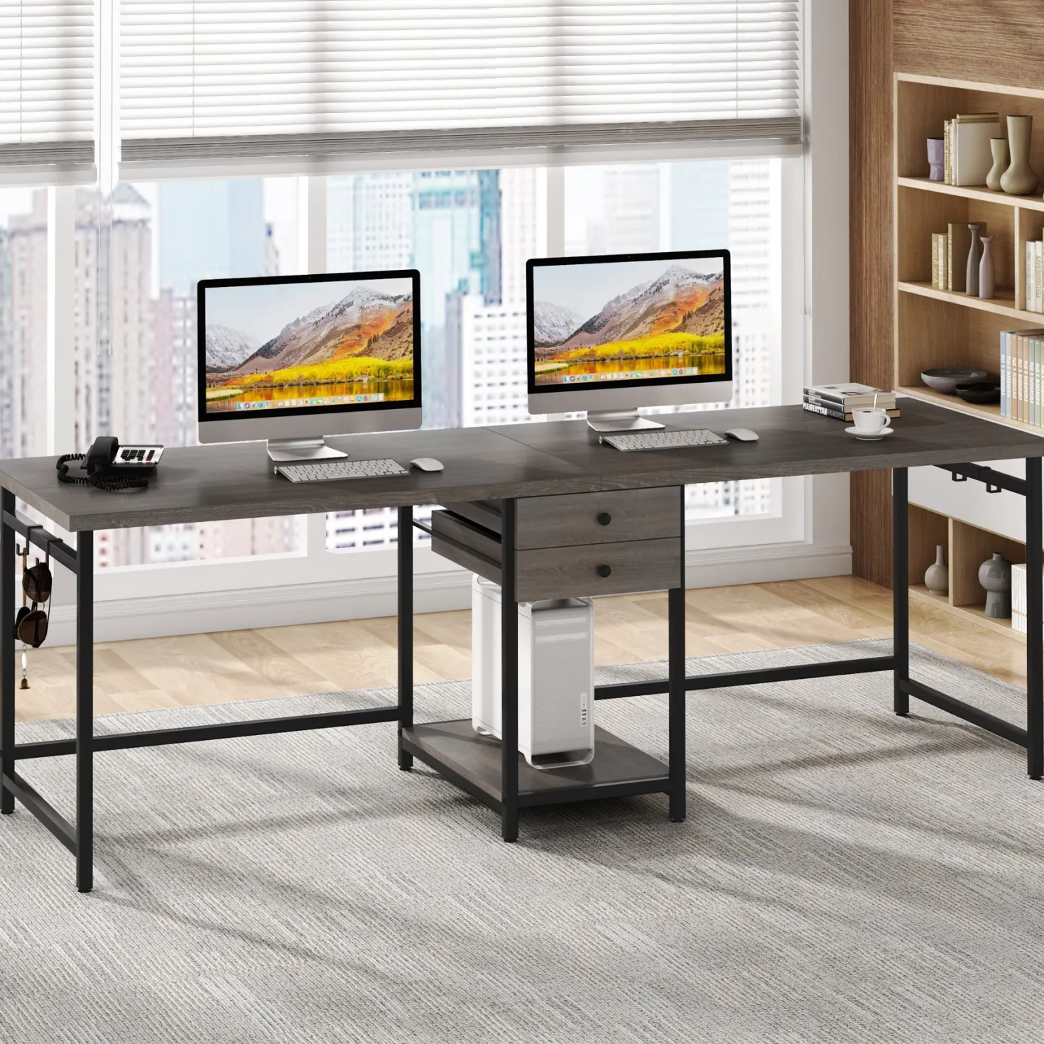 Industrial Two Person Desk, 78" Double Computer Desk with Drawers