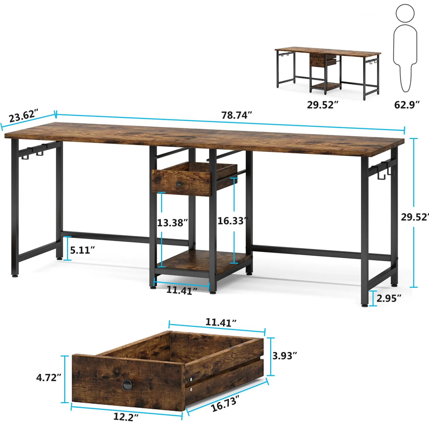 Industrial Two Person Desk, 78" Double Computer Desk with Drawers