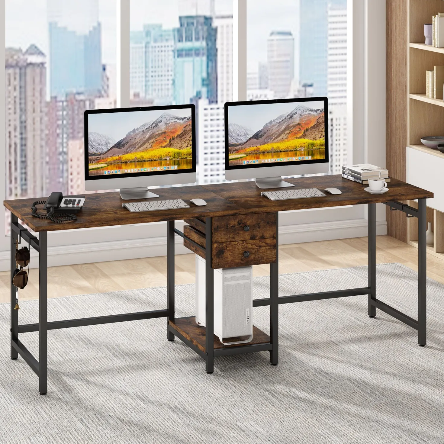Industrial Two Person Desk, 78" Double Computer Desk with Drawers