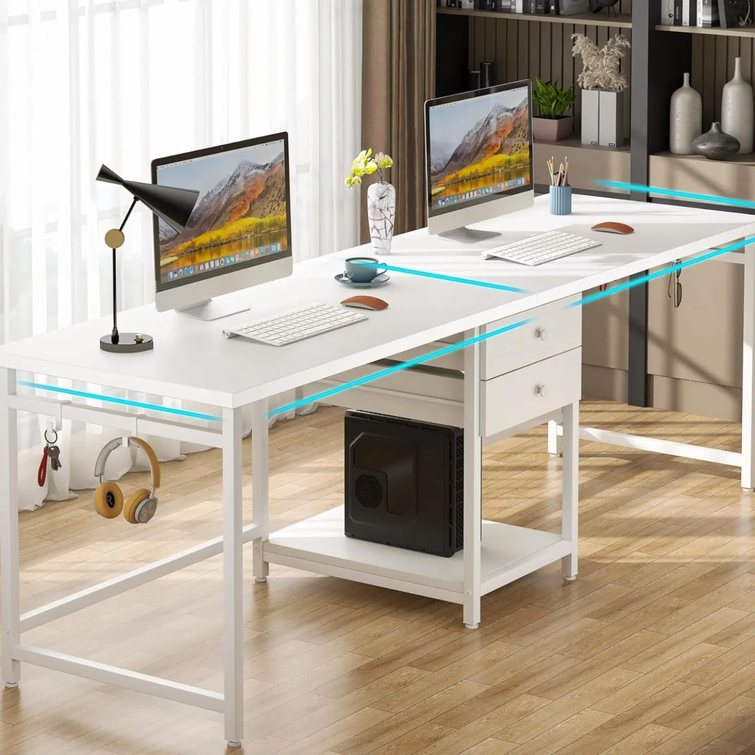 Industrial Two Person Desk, 78" Double Computer Desk with Drawers
