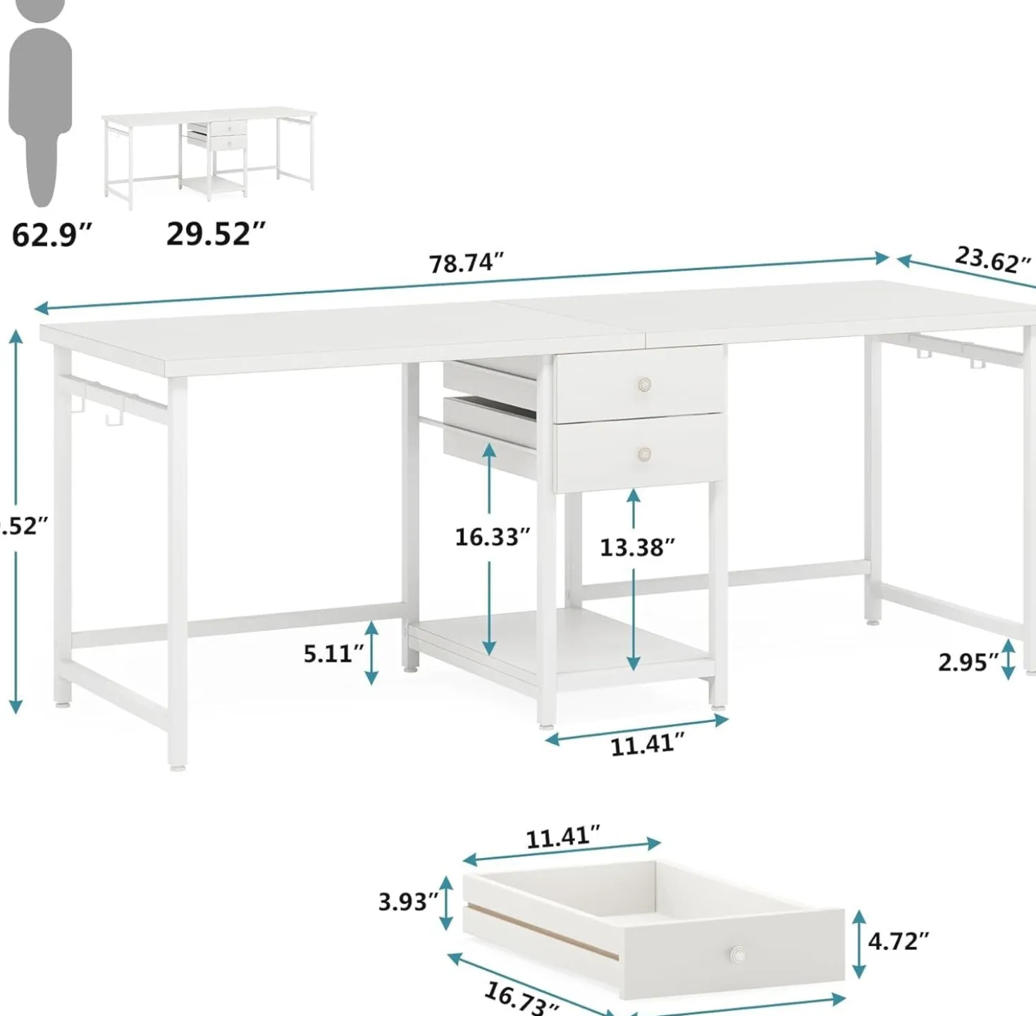Industrial Two Person Desk, 78" Double Computer Desk with Drawers