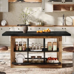 Kitchen Island, Counter Height Kitchen Coffee Bar Table with Storage