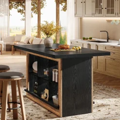 Kitchen Island, Counter Height Kitchen Coffee Bar Table with Storage