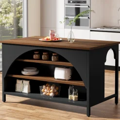 Kitchen Island with 3 Storage Shelves, 55" Kitchen Shelf with Large Countertop