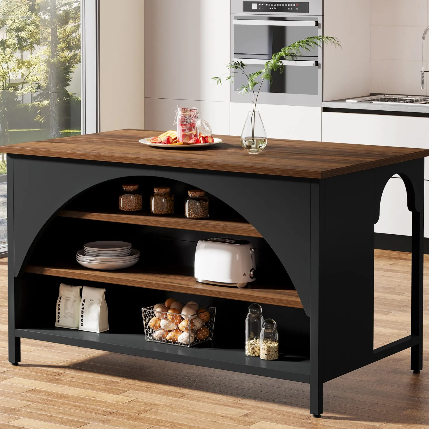Kitchen Island with 3 Storage Shelves, 55" Kitchen Shelf with Large Countertop