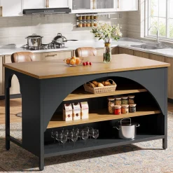 Kitchen Island with 3 Storage Shelves, 55" Kitchen Shelf with Large Countertop