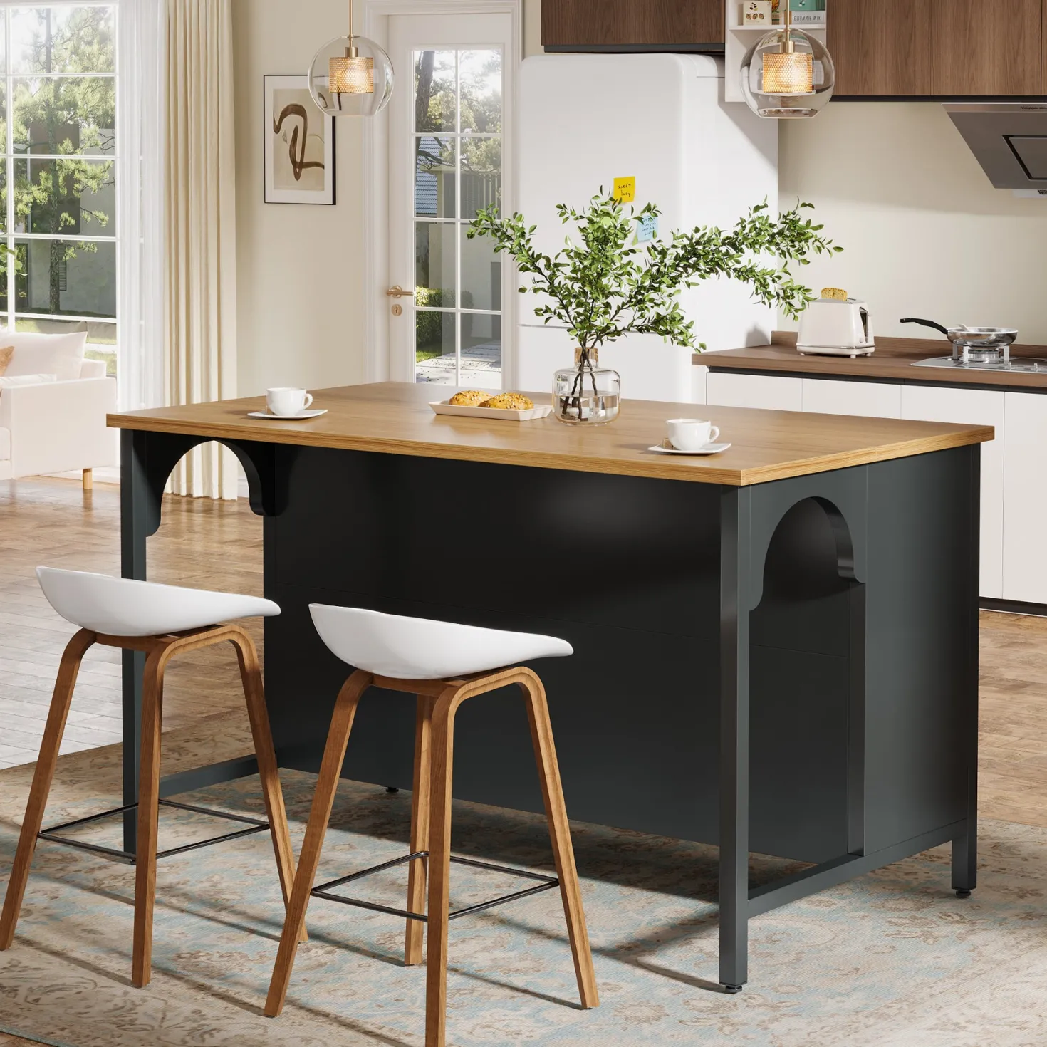 Kitchen Island with 3 Storage Shelves, 55" Kitchen Shelf with Large Countertop