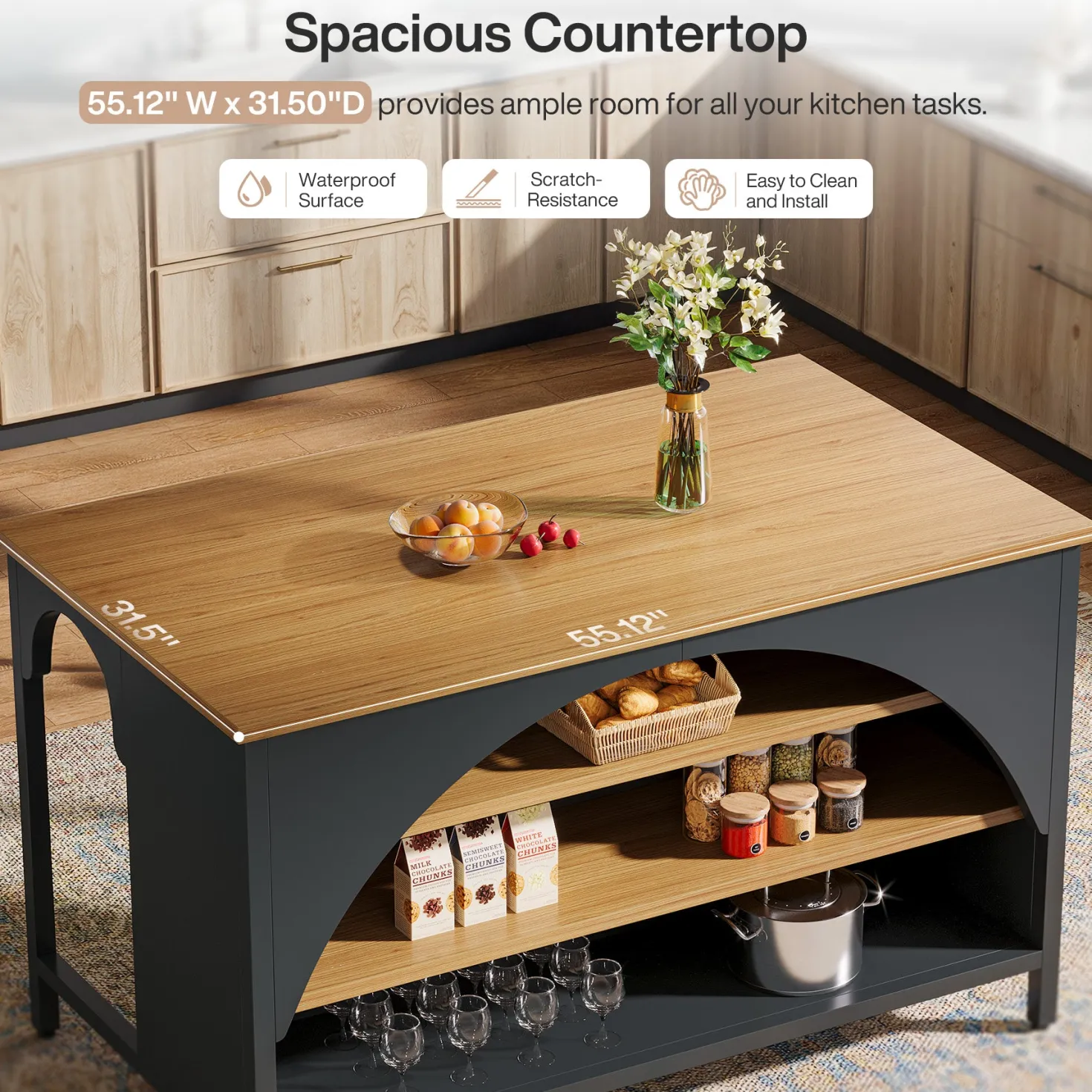 Kitchen Island with 3 Storage Shelves, 55" Kitchen Shelf with Large Countertop