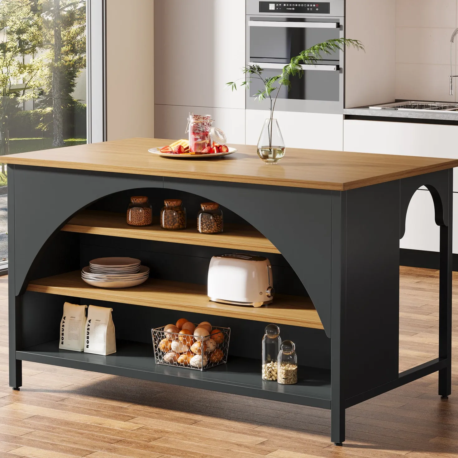 Kitchen Island with 3 Storage Shelves, 55" Kitchen Shelf with Large Countertop