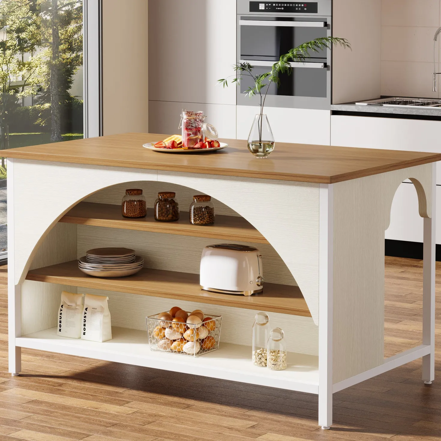Kitchen Island with 3 Storage Shelves, 55" Kitchen Shelf with Large Countertop