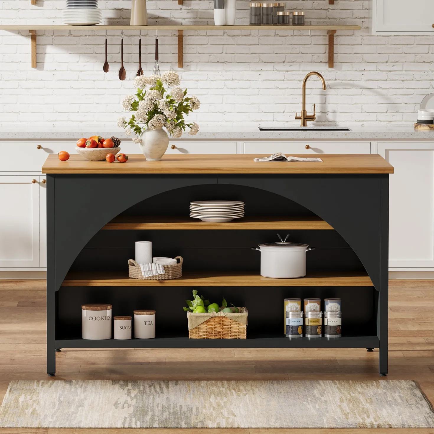 Kitchen Island with 3 Storage Shelves, 55" Kitchen Shelf with Large Countertop