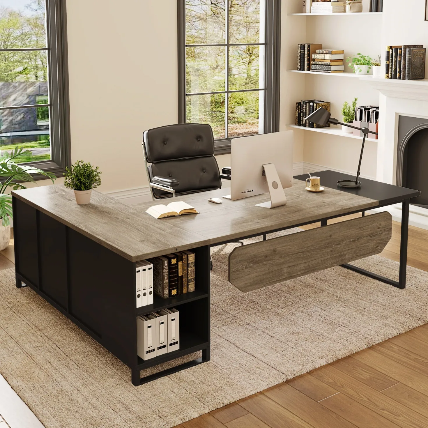 Large L-Shaped Desk, 70.87" Executive Desk with 55" File Cabinet