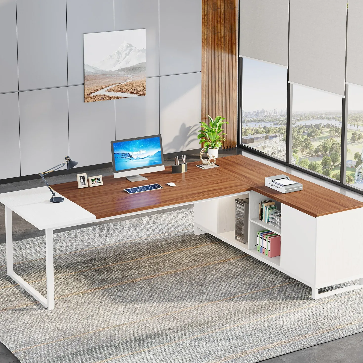 Large L-Shaped Desk, 70.87" Executive Desk with 55" File Cabinet
